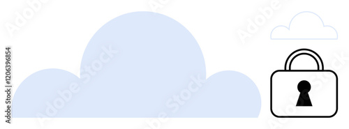 Cloud icons of varying sizes and a black padlock representing secured storage. Ideal for tech, data security, cloud services, cybersecurity, privacy, online storage, and IT-related themes. Line