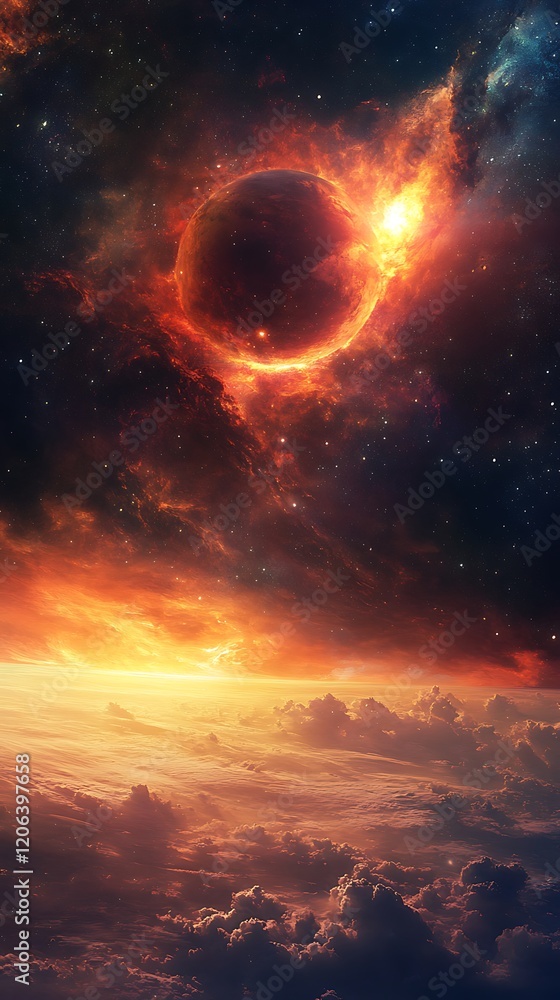 Obraz premium A cosmic scene depicting a fiery celestial body above clouds.
