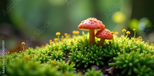 Moss and fungus forming a symbiotic relationship, forest floor, botany, moss photo