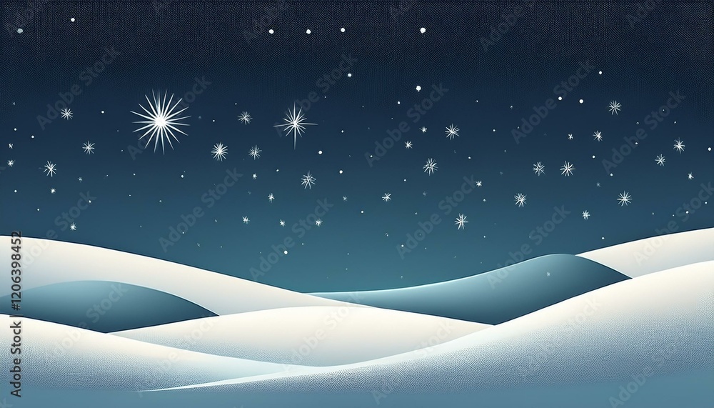 Fototapeta premium minimal snow landscape with hills and stars at night in a simple style