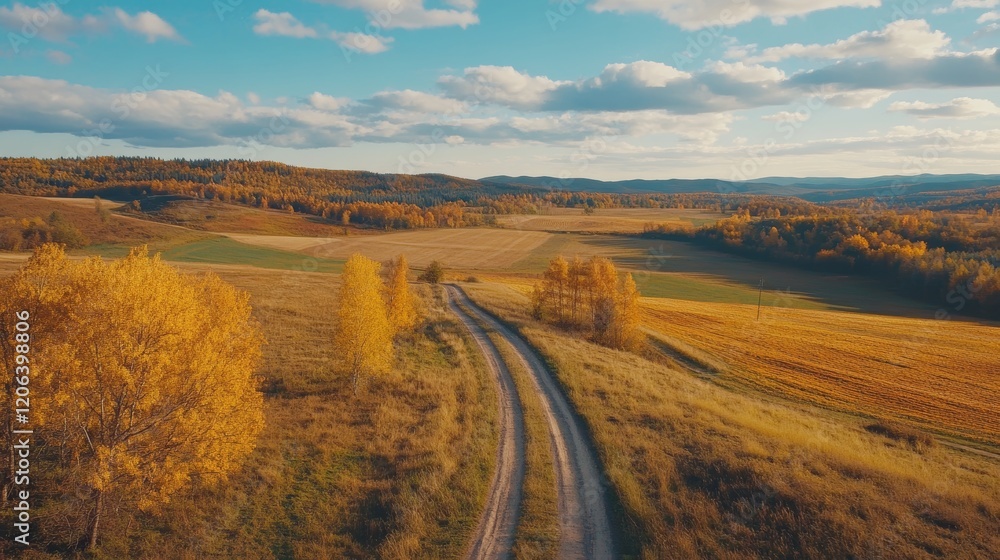 Serene autumn countryside landscape with dirt road, vibrant foliage, and gentle hills under blue sky Serene autumn countryside landscape with dirt road, vibrant foliage, and gentle hills under blue sky
