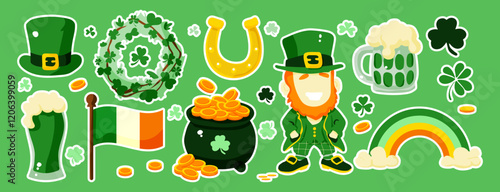A green background with various symbols of St. Patrick's Day. A man wearing a green hat and a green vest is standing in front of a green flag. There are also a few coins and a cup