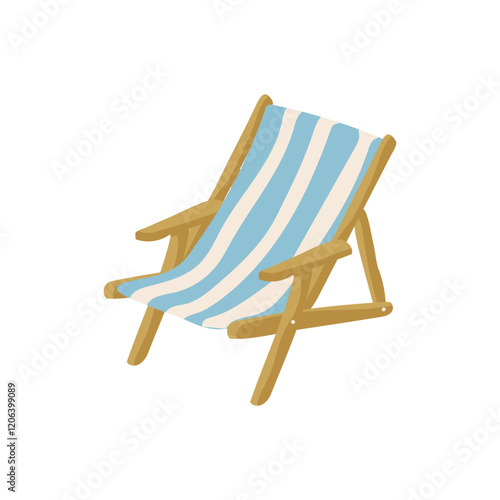 A blue and white striped beach chair with wooden legs. The chair is empty and is sitting on a white background