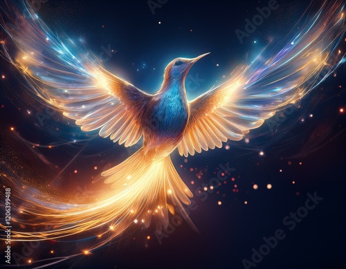 a glowing ethereal bird in flight creating a trail of light and sparkles against a dark background symbolizing freedom and transcendence