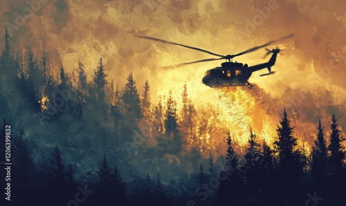 Firefighting Helicopter Spraying Water on a Forest Fire photo