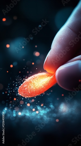 A hand gently holds a vibrant orange candy against a dark backdrop filled with shimmering lights. The contrasting colors create a magical, enchanting ambiance photo