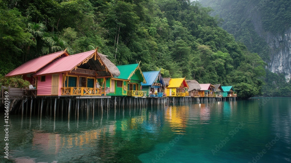 Colorful Overwater Houses In Lush Tropical Jungle Setting