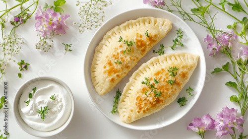 Wallpaper Mural Traditional eastern european pastries on a plate with flowers and cream - concept of cultural cuisine and modern presentation Torontodigital.ca
