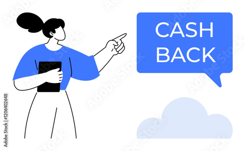 Woman pointing with tablet, blue speech bubble with Cash Back text, and cloud. Ideal for rewards programs, finance, customer loyalty, refunds, promotional offers, saving money digital services