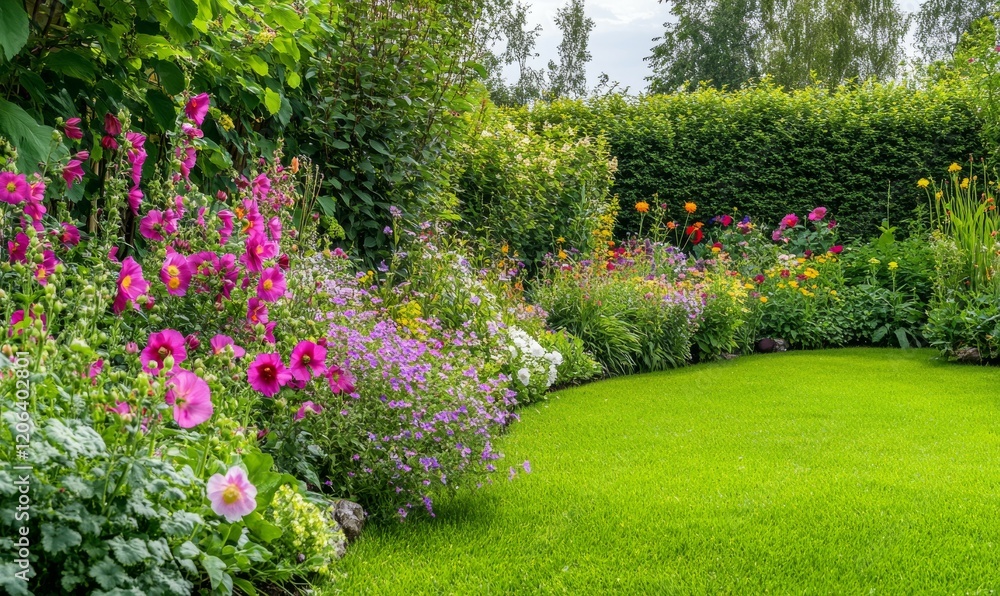 Fototapeta premium Flowering common hollyhock Alcea rosea plants with colorful flowers in summer garden panoramic
