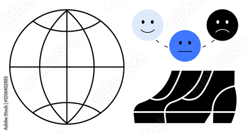 Globe with latitude and longitude lines next to three emoticons representing different emotions connected by dotted lines, alongside three aligned shoes. Ideal for global connectivity, human