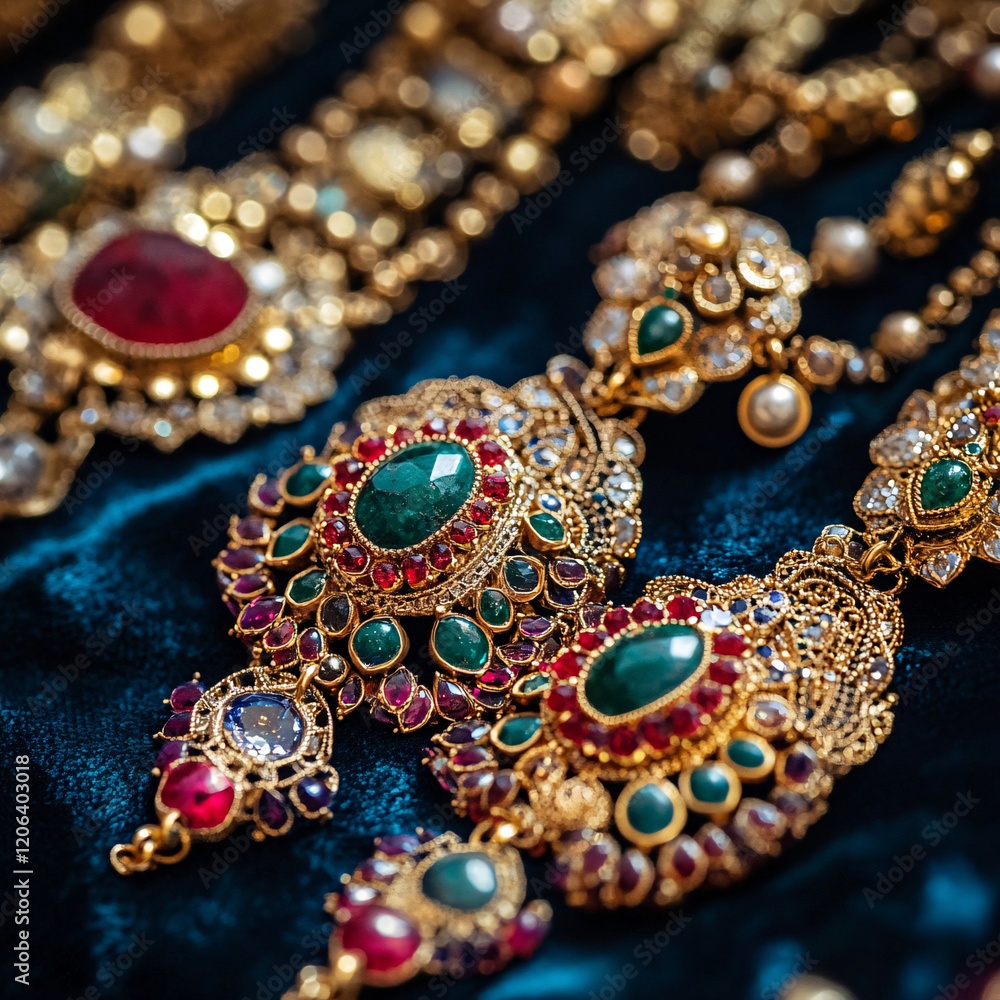 close up of indian emerald and ruby jewelry on blue velvet close up of indian emerald and ruby jewelry on blue velvet