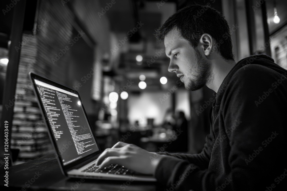 A focused programmer works late into the night, engrossed in coding on his laptop in a dimly lit cafe. A focused programmer works late into the night, engrossed in coding on his laptop in a dimly lit cafe.