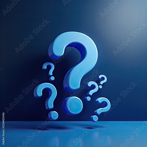 Blue question marks floating against a dark blue background.  A visual representation of uncertainty, questions, or inquiry.