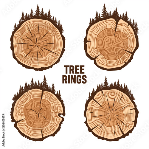 Round tree trunk cuts with trees and forest. Sawn pine or oak slices, lumber. Saw cut timber, wood. Brown wooden texture with tree rings. Hand drawn sketch. Vector illustration