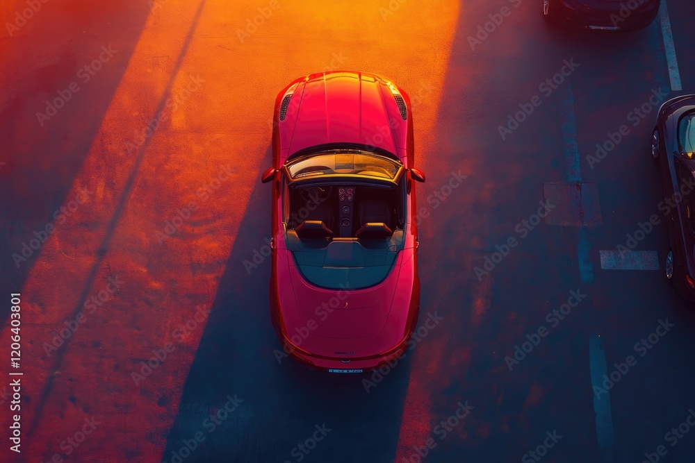 Fototapeta premium A red convertible sports car parked in a parking lot during sunset, casting a long shadow.