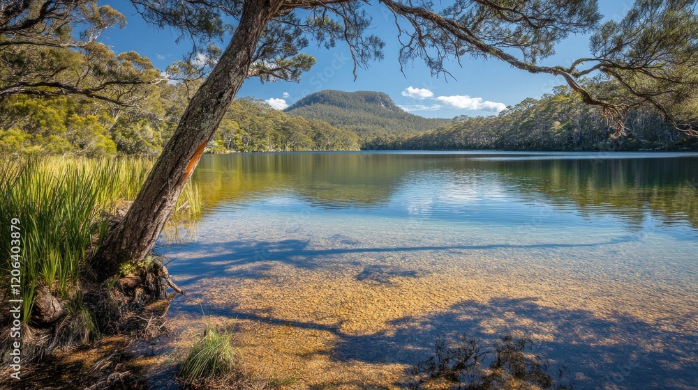 Serene lake nestled amongst lush green trees and mountains Serene lake nestled amongst lush green trees and mountains