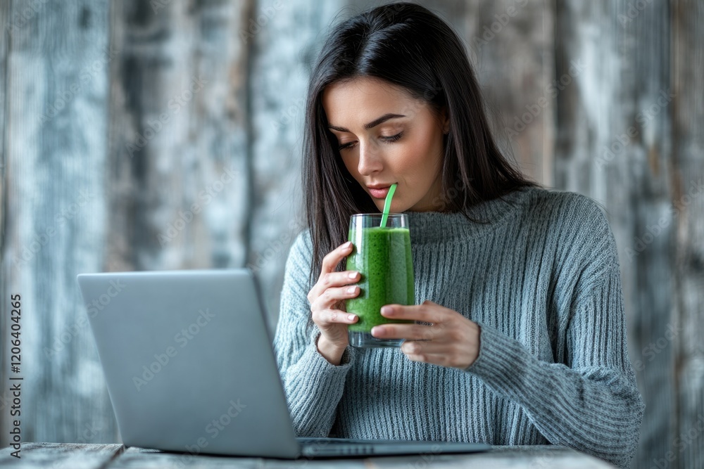 Woman enjoys a healthy green smoothie while working on her laptop. Woman enjoys a healthy green smoothie while working on her laptop.
