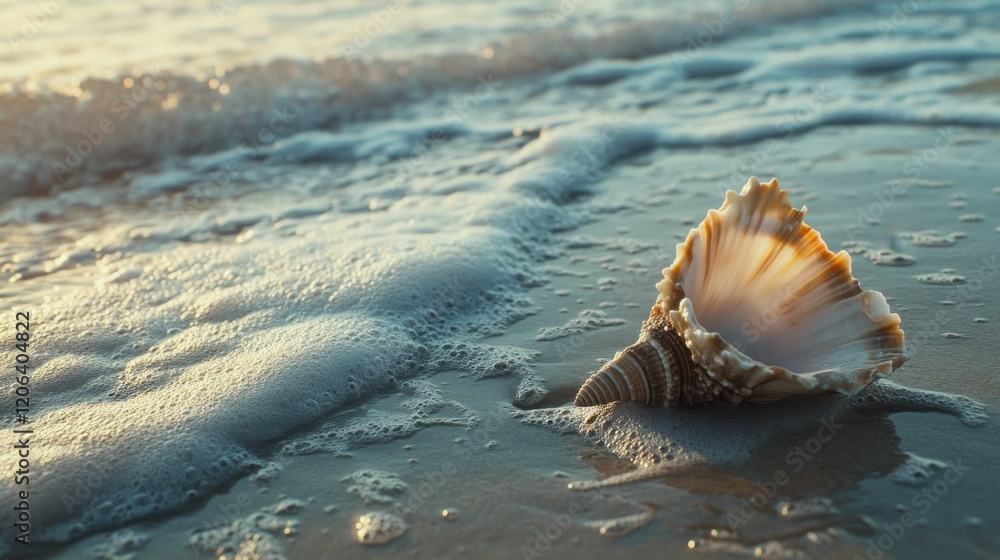 Seashell on Sandy Beach with Ocean Background
