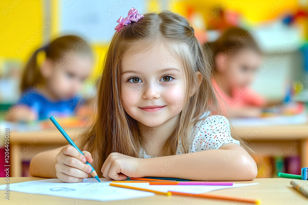 A cheerful young girl with a bright smile wearing a colored dress standing in the kindergarten school against blurred background. 