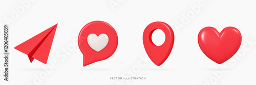 3D Social media emoji and emotions icon set with paper airplane, speech bubble message, pin location and red heart shape. Like and share. Cartoon design icons isolated on white. 3D Vector illustration