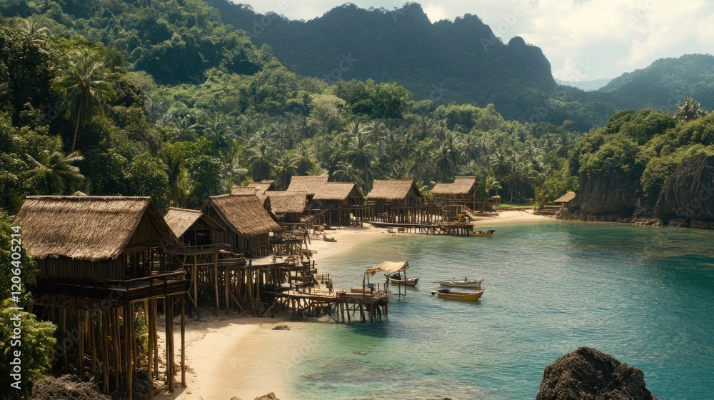 Naklejka premium Tropical Island Village Houses on Stilts by Calm Ocean Water