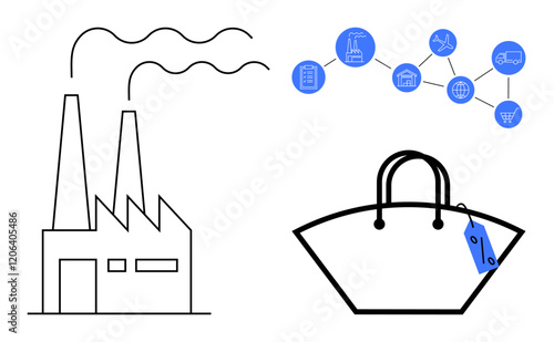 Factory with emitting smoke signals manufacturing, interconnected supply chain icons leading to shopping bag with price tag. Ideal for manufacturing, logistics, retail, commerce, supply chain