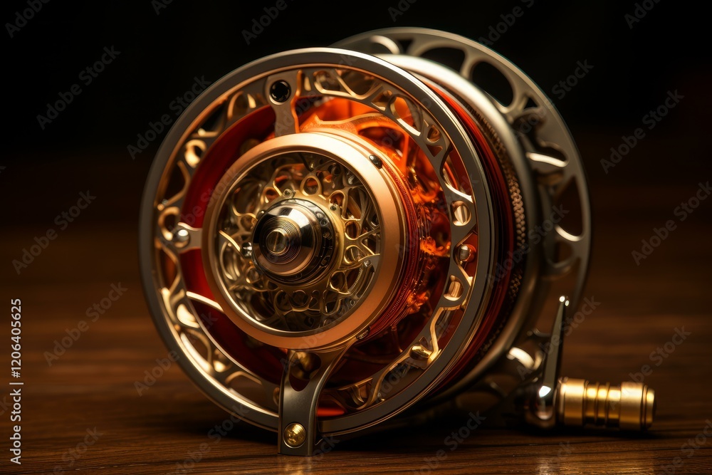 Modern, intricate fly fishing reel displayed on a wooden surface, showcasing its sophisticated design and craftsmanship Modern, intricate fly fishing reel displayed on a wooden surface, showcasing its sophisticated design and craftsmanship
