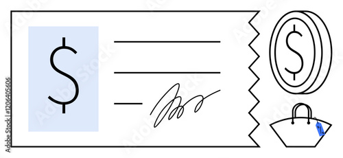Financial receipt with a dollar sign, signature, lines for details, shopping bag, and coin icon. Ideal for finance, banking, shopping payment transactions retail receipts. Minimalist abstract