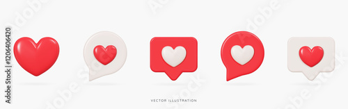 3D Social media likes and emoji icon set. Speech bubble messages with red and beige hearts. Love chat. Reaction buttons. Valentine's Day. Cartoon design icons isolated on white. 3D Vector illustration