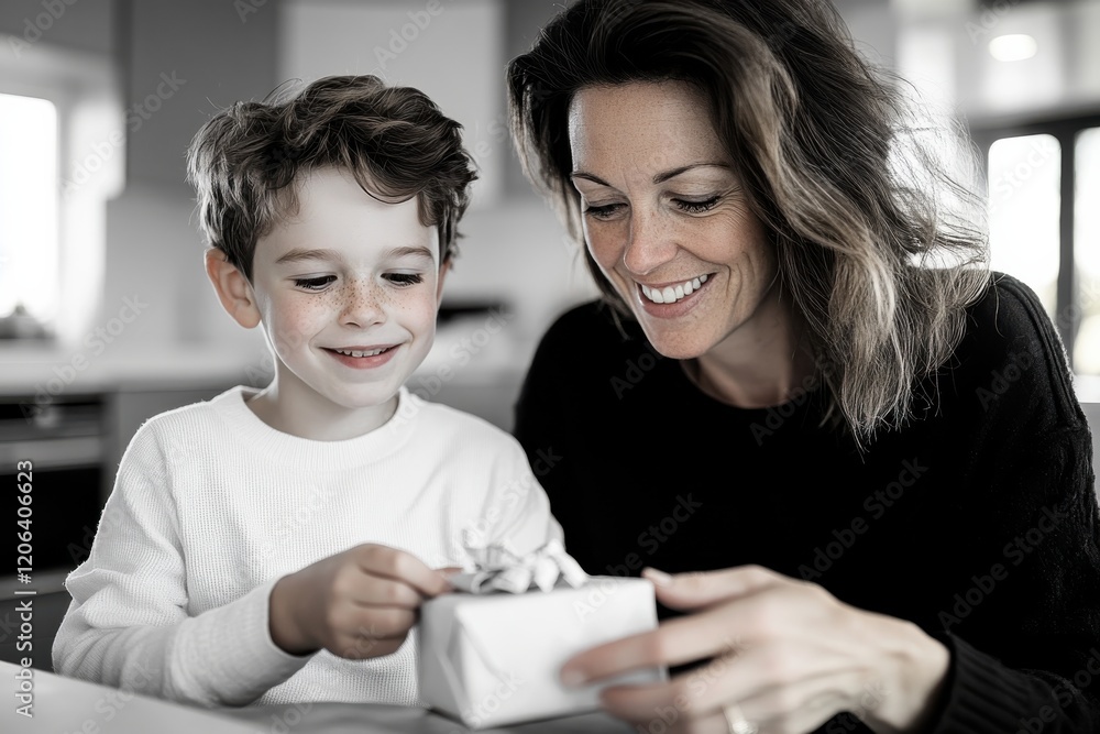 A delightful moment captured of a mother and her son smiling with a present, showcasing the joy and warmth of family connections and celebratory interactions in life. A delightful moment captured of a mother and her son smiling with a present, showcasing the joy and warmth of family connections and celebratory interactions in life.