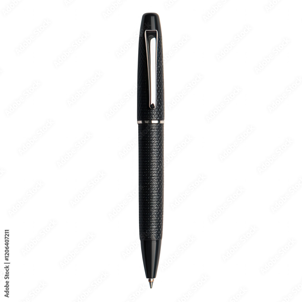 A sleek black pen with a textured grip and a silver clip, designed for smooth writing and comfort, Transparent Background. A sleek black pen with a textured grip and a silver clip, designed for smooth writing and comfort, Transparent Background.