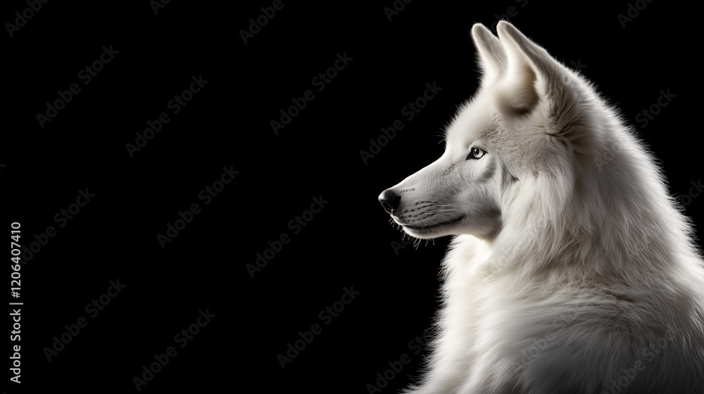 Fototapeta premium Majestic white wolf profile with intense blue eyes on dark background
