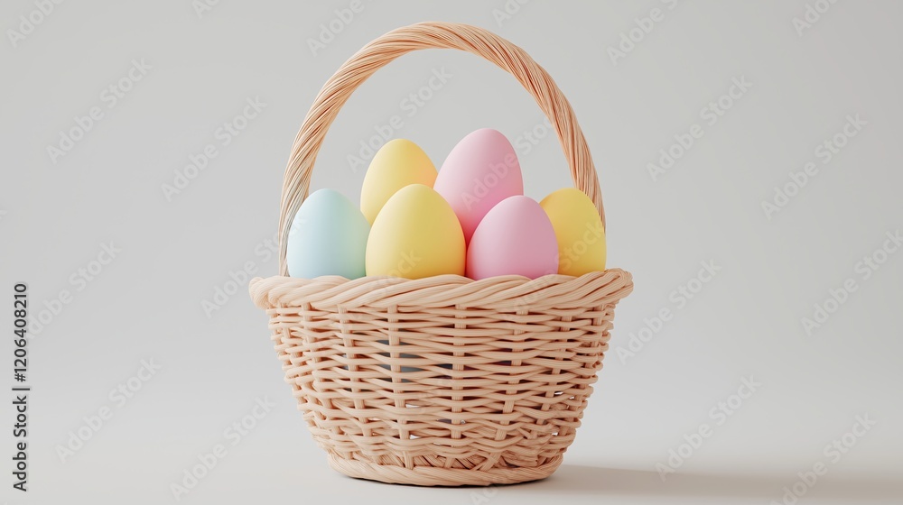 wicker basket filled with colorful Easter eggs on a neutral background. Holiday and decoration concept. wicker basket filled with colorful Easter eggs on a neutral background. Holiday and decoration concept.