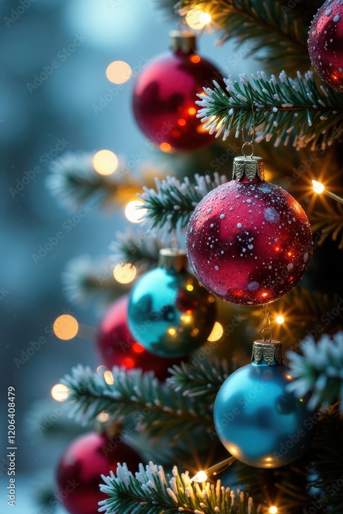 Twinkling lights and colorful spheres on a frosted glass ornamented Christmas tree, decorations, ornaments Twinkling lights and colorful spheres on a frosted glass ornamented Christmas tree, decorations, ornaments