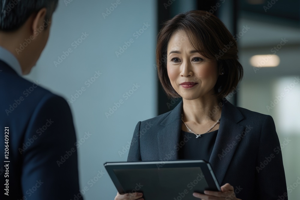 Confident businesswoman presents data on tablet during a meeting, showcasing professionalism and expertise. Confident businesswoman presents data on tablet during a meeting, showcasing professionalism and expertise.