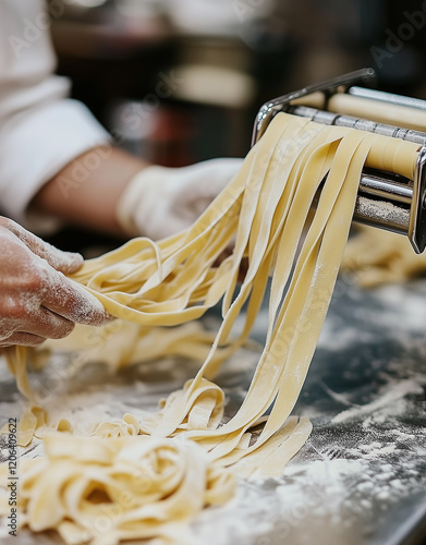 Photo of hands making pasta using the pasta machine making fresh spaghetti in an Italian kitchen.