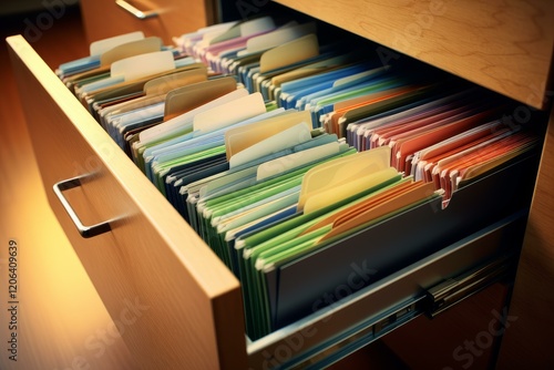 Open wooden filing cabinet drawer revealing neatly arranged, color coded files, emphasizing organization and efficient document management