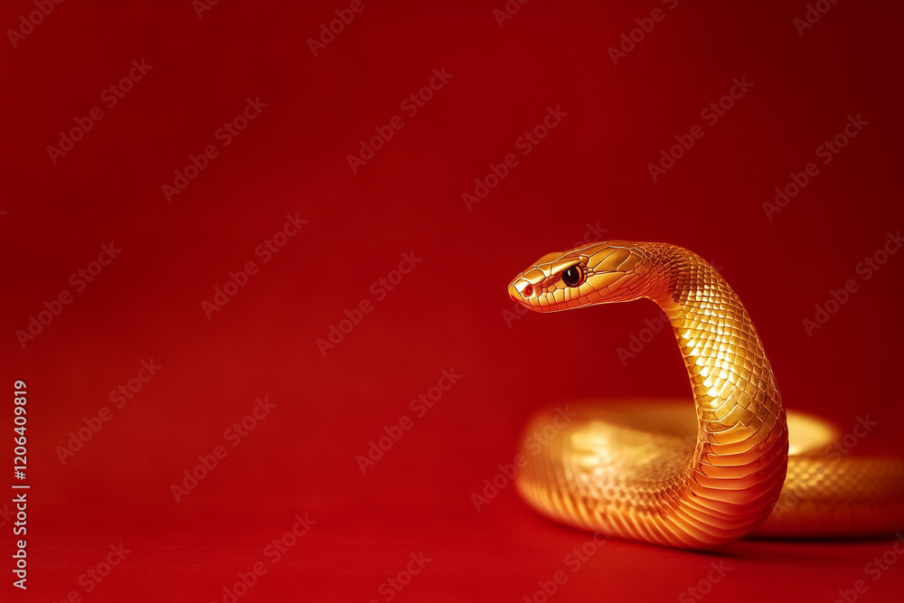 Fototapeta premium 3D gold snake on red background, Chinese New Year concept
