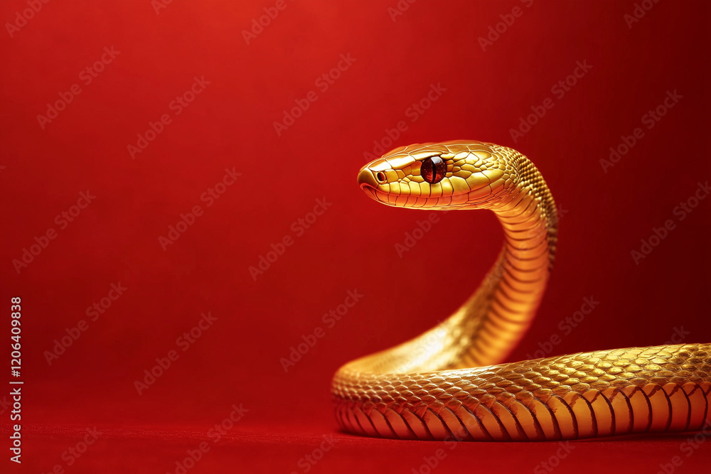 Fototapeta premium 3D gold snake on red background, Chinese New Year concept