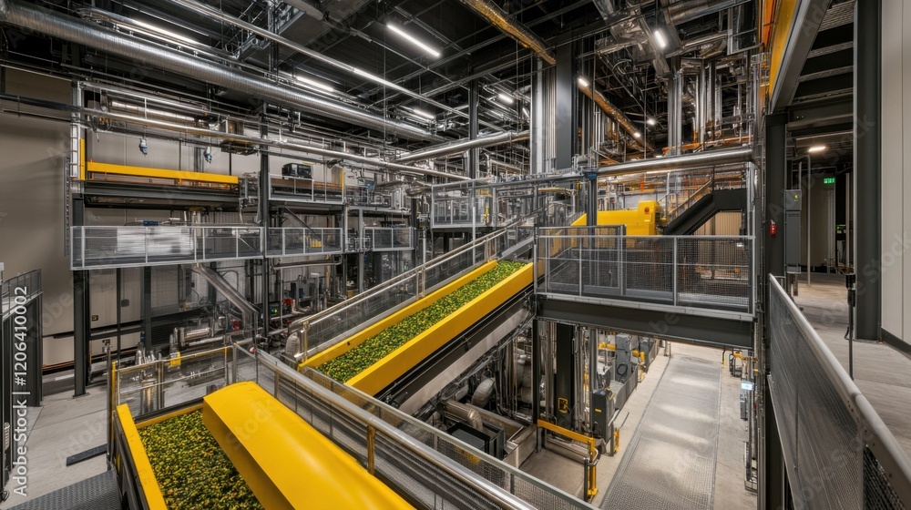 Fototapeta premium Modern automated production facility with yellow conveyor belts transporting goods indoors