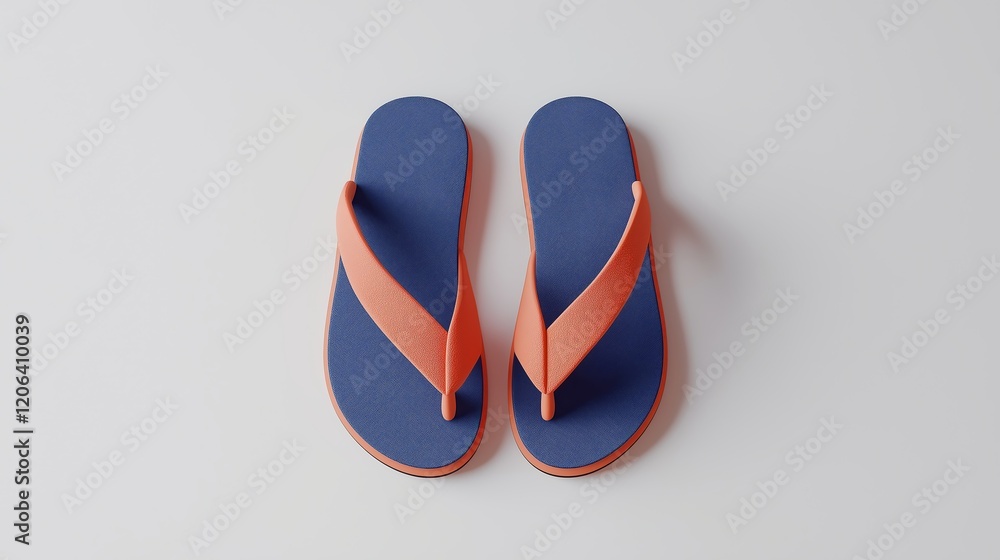 3D icon of a pair of blue and orange flip-flops placed on a white background. Summer and beachwear concept 3D icon of a pair of blue and orange flip-flops placed on a white background. Summer and beachwear concept