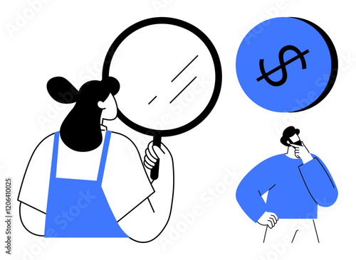 Woman with magnifying glass, person thinking, dollar sign connected. Ideal for financial analysis, economic research, investment planning, business strategy, money management, personal finance