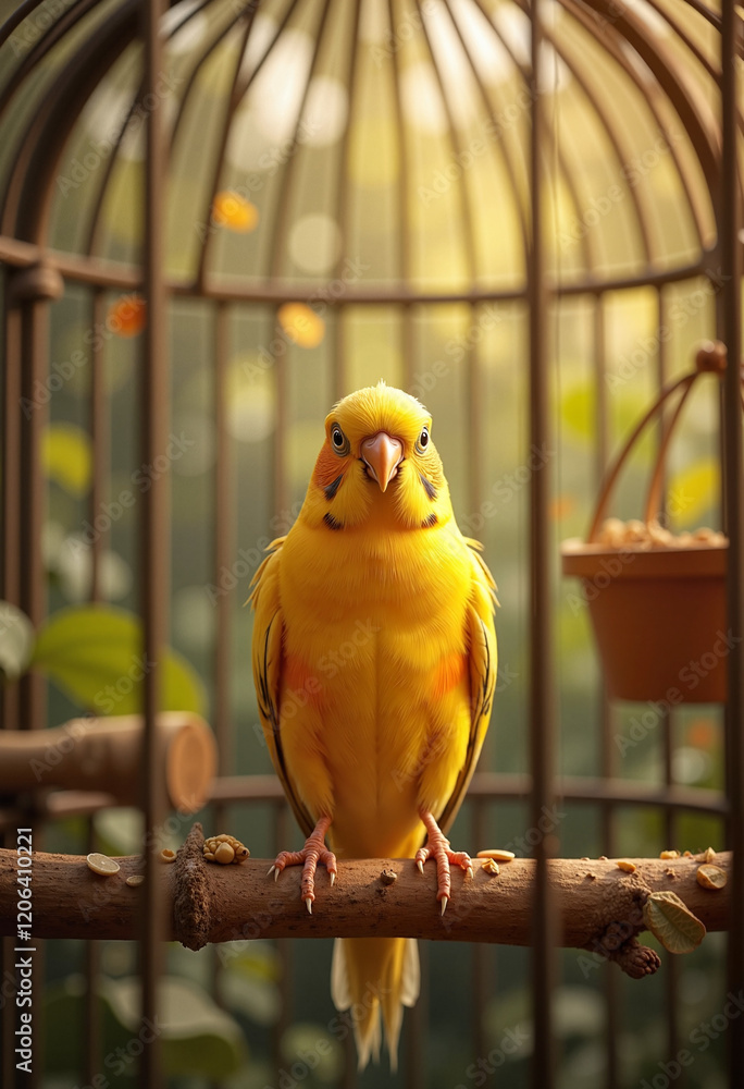 Fototapeta premium Canary bird on perch in cage, soft bokeh background, Pet Day