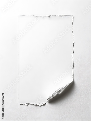 a torn paper sheet on a plain surface, with a shadow, featuring a rough edge, with a jagged shape, and a central fold, set against a simple background, with a muted color palette, and a sense of calmn photo