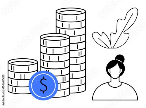 Stacked coins, blue dollar sign, plant leaf, and woman icon. Ideal for financial growth, personal wealth, investment, economics savings business success financial planning. Black white and blue