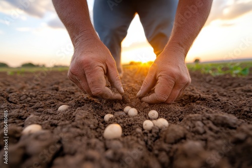 Two hands cultivate the soil with care, carefully placing seeds for future plants as the sun sets behind, symbolizing hope and the cycle of life. photo