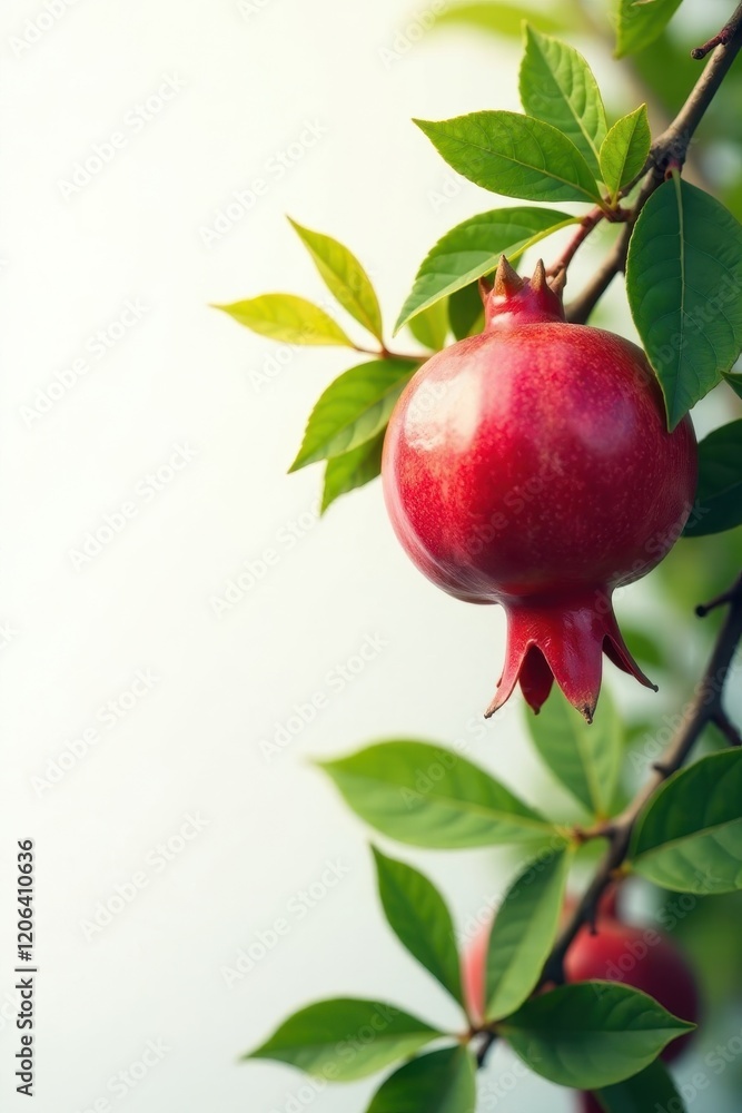 Red pomegranate flower with green leaves and stems, leaves, stems, tree Red pomegranate flower with green leaves and stems, leaves, stems, tree