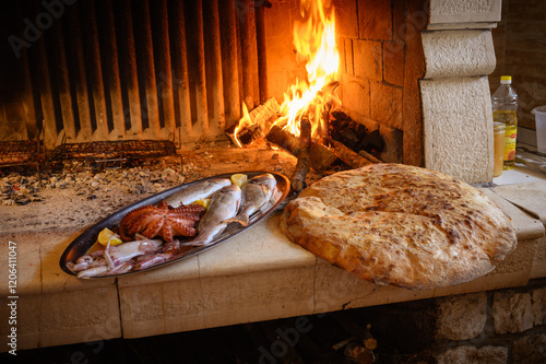 Traditional Dalmatian Fireplace with Fresh Seafood Platter and Homemade Bread