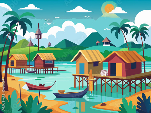 A peaceful fishing village on stilts by the sea in Kalimantan.